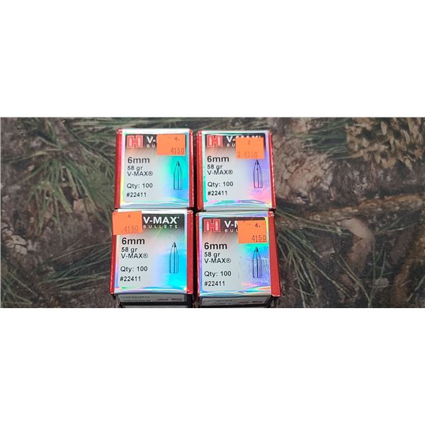 4 BOXES OF HORNADY 6MM V-MAX BULLETS, 58GR. 100 PER BOX