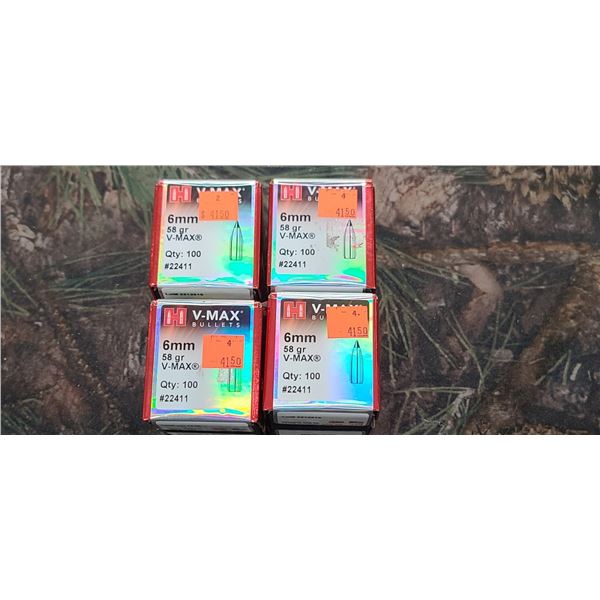 4 BOXES OF HORNADY 6MM V-MAX BULLETS, 58GR. 100 PER BOX
