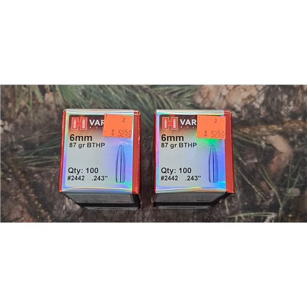 2 BOXES OF HONADY 6MM BTHP, VARMINT, 87GR.  100 PER BOX