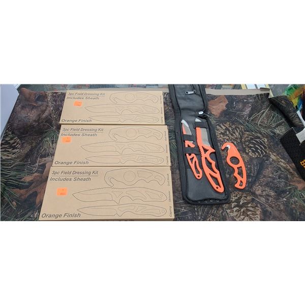 3 MAXAM 3 PC. FIELD DRESSING KIT CAPING SKINNER , CUT HOOK, COMES WITH SHEATH