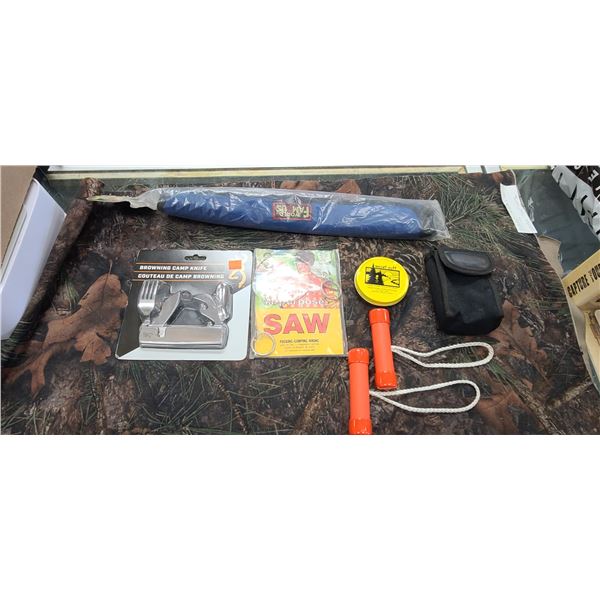 SHORT KUTT POCKET SAW COUGHLAN'S POCKET SAW, BROWNING CAMP KNIFE + WORLD FAMOUS ROLL UP MAP CASE
