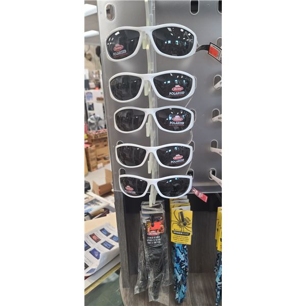 5 PAIRS OF BERKLEY POLARIZED 100% UV SUNGLASSES - WHITE FRAME, 4 BERKLEY EYE WEAR RETAINERS AND 4 SP