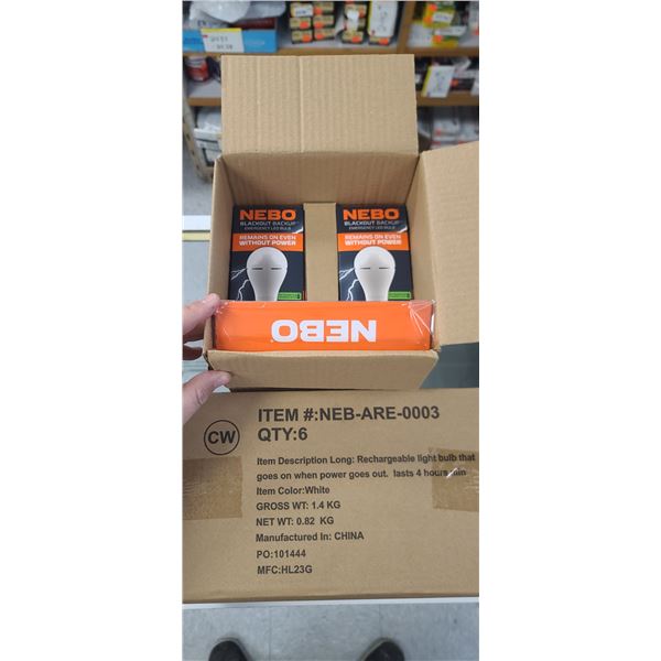12 NEBO BLACKOUT BACKUP EMERGENCY LED BULBS 60 WATT - REMAINS ON EVEN WITHOUT POWER. RECHARGABLE LIG