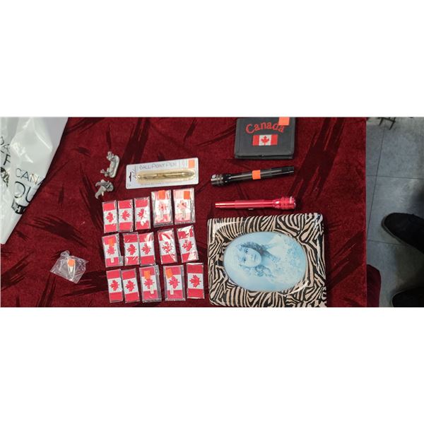 WEBER'S CAMO LEATHER BALL POINT PEN, SM RED FLASHLIGHT, SM BLACK FLASHLIGHT, 15 CANADAQ FLAG,PATCHES