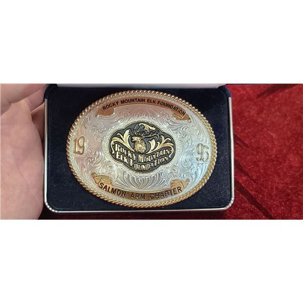 MONTANA SILVERSMITHS, ROCKY MOUNTAIN ELK FOUNDATION, SALMON ARM CHAPTER, SILVER PLATED BELT BUCKEL