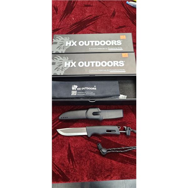 3 BUSHCRAFT KNIVES HX OUTDOOR KNIVES, SURVIVAL MASTER 4 BLACK, MODEL TD-21B, KNIFE & PLASTIC SHEATH