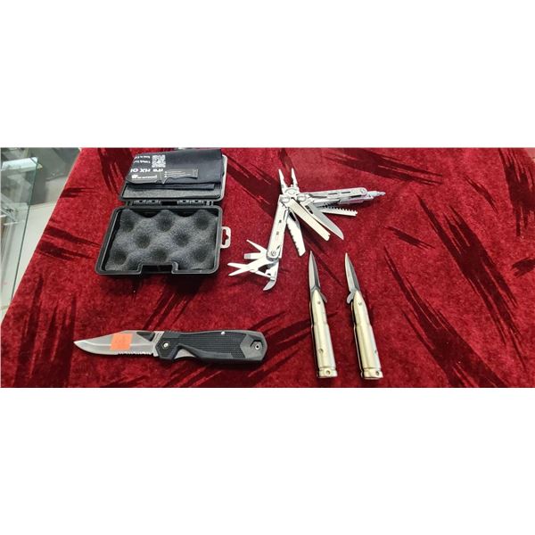 2 ASSISTED SPRING LINER LOCK BULLET SHAPED STAINLESS STEEL KNIVES. 1 HY OUTDOORS MULTI TOOL 1 SCHRAD