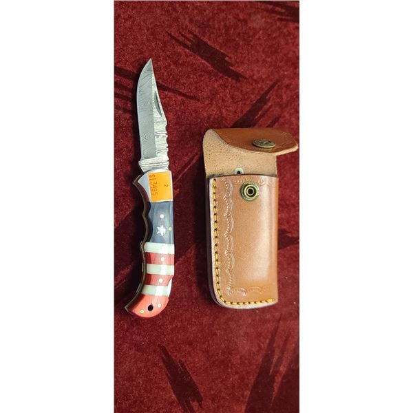DAMASCUS STEEL FOLDABLE KNIFE, AMERICAN FLAG BONE HANDLE, LEATHER SHEATH