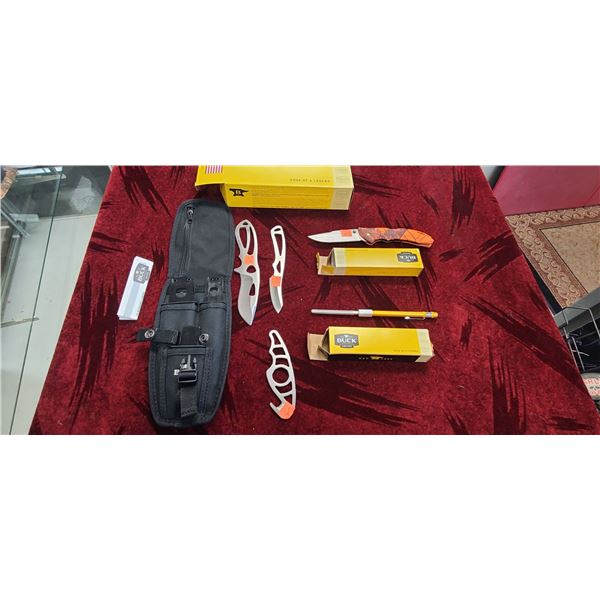 BUCK KNIVES 1 PAKLITE FIELD MASTER 0141SSVP-B CAT 3547, C/W 3 PIECE POUCH.