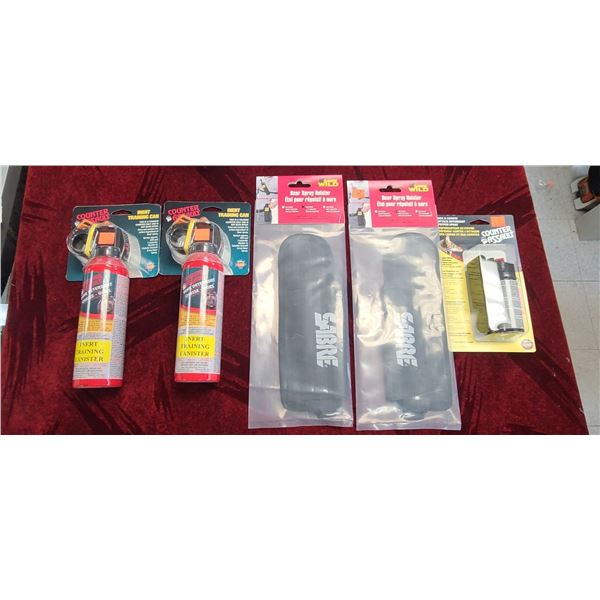 2 COUNTER ASSAULT INERT BEAR DETERRENT TRAINING CAN, 2 SABRE WILD BEAR SPRAY HOISTERS, 225 GRAM BELT
