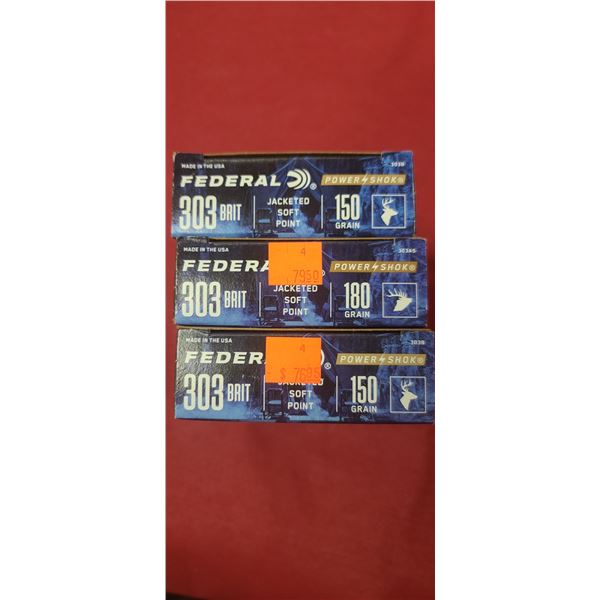 2 BOXES FEDERAL 303 BRIT. JACKETED SOFT POINT 150 GRAIN / 1 BOX 180 GRAIN 20 SHELL PER BOX
