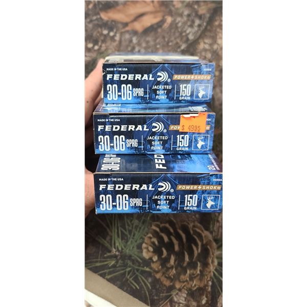 3 BOXES OF FEDERAL 30-06 JACKETED SOFT POINT SPGR 150 GRAIN 20 SHELLS PER BOX NO SHIPPING ON AMMUNTI