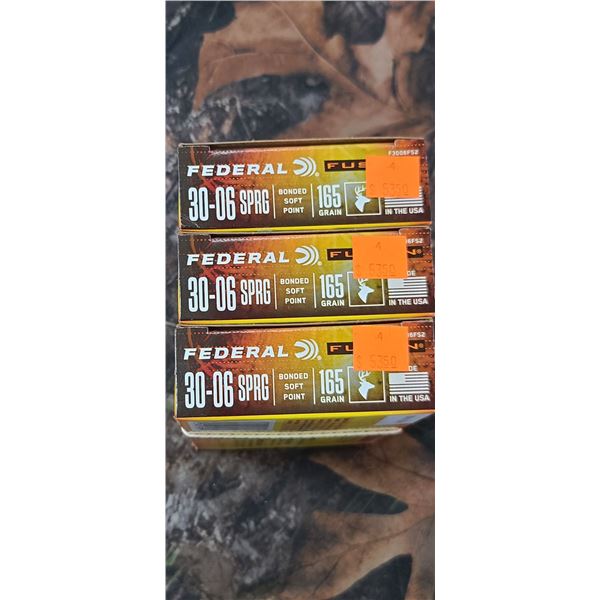 3 BOXES OF FEDERAL 30-06 SPGR BONDED SOFT POINT 165 GRAIN 20 SHELLS PER BOX NO SHIPPING ON AMMUNTION