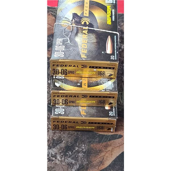 3 BOXES OF FEDERAL 30-06 BERGER HYBRID HUNTER 168 GRAIN 20 SHELLS PER BOX NO SHIPPING ON AMMUNTION