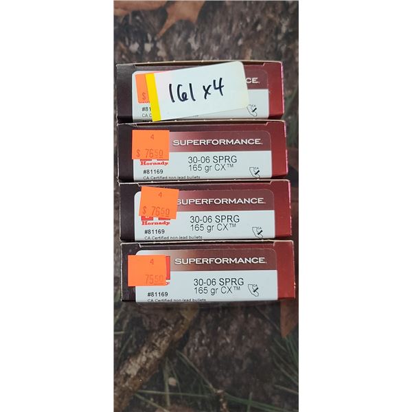 4 BOXES OF HORNADY SUPER PREFORMANCE 30-06 SPRG 165 GRAIN CX 20 SHELLS PER BOX NO SHIPPING ON AMMUNT