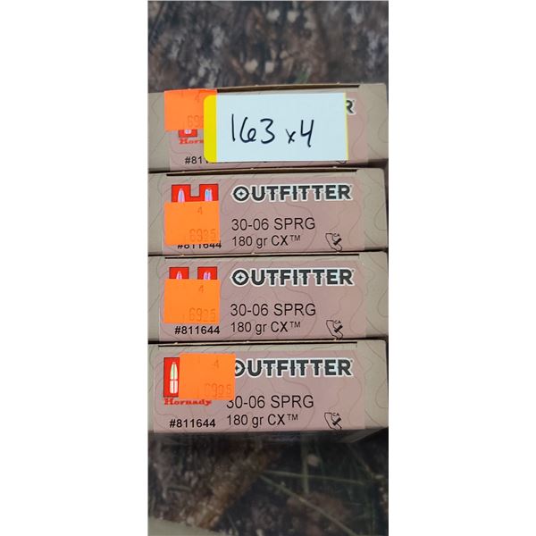 4 BOXES OF HORNADY OUTFITTER 30-06 SPRG 180 GRAIN CX 20 SHELLS PER BOX NO SHIPPING ON AMMUNTION