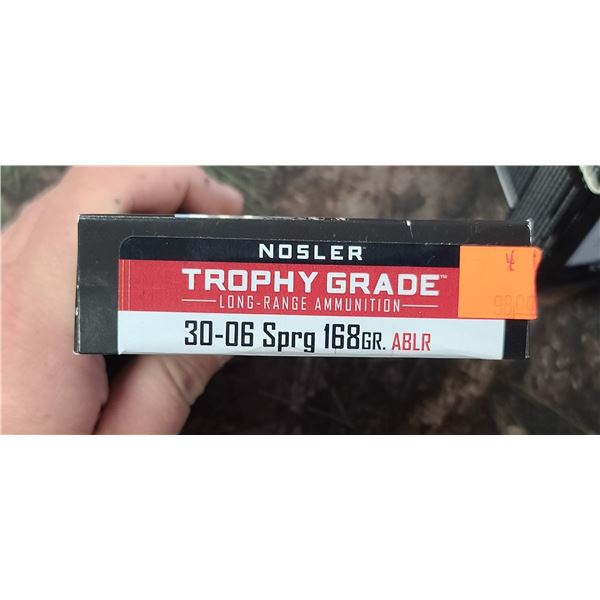 1 BOX OF NOSLER TROPHY GRADE LONG RANGE 30-06 SPRG 168 GRAIN ABLR 20 SHELLS PER BOX NO SHIPPING ON A