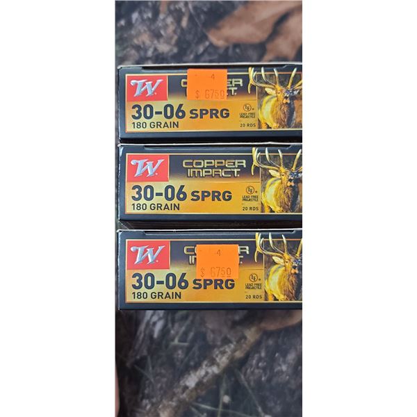 3 BOXES WINCHESTER COPPER IMPACT  30-06 SPRG 180 GRAIN 20 SHELLS PER BOX , NO SHIPPING ON AMMUNTION