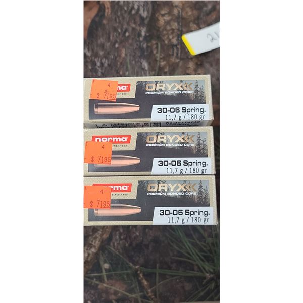 3 NORMA ORYX PREMIUM BONDED CORE 30-06 SPRG 11,7G 180 GRAIN 20 SHELLS PER BOX NO SHIPPING ON AMMUNTI