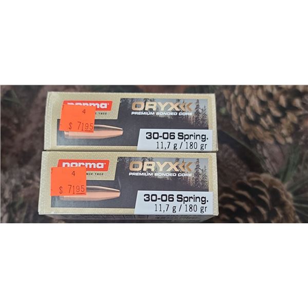 2 BOXES NORMA ORYX PREMIUM BONDED CORE 30-06 SPRG 11,7G 180 GRAIN 20 SHELLS PER BOX NO SHIPPING ON A