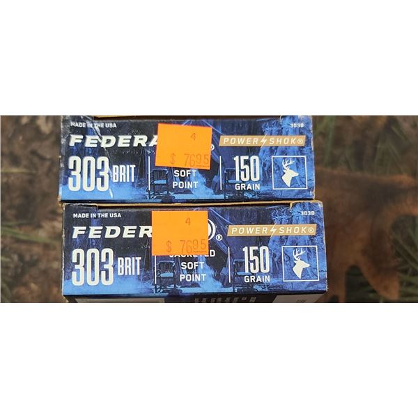 2 BOXES FEDERAL POWER SHOK JACKETED SOFT POINT 303 BRITISH 150 GRAIN 20 ROUNDS PER BOX NO SHIPPING O