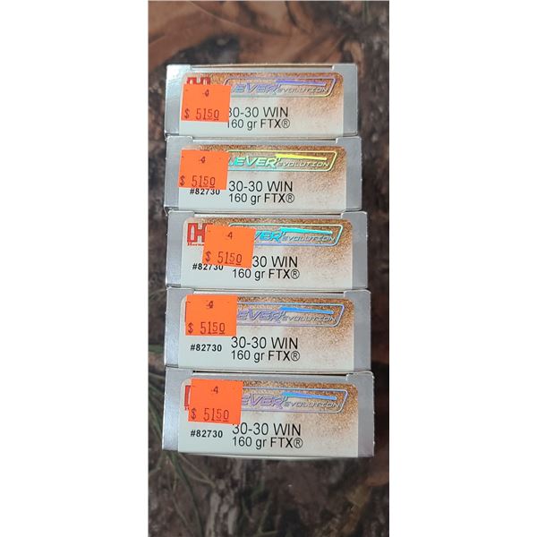 5 BOXES HORNADY LEVER EVOLUTION 30-30 WIN. FTX 160 GRAIN  20 ROUNDS PER BOX NO SHIPPING ON AMMO