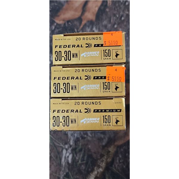 3 FEDERAL PREMIUM HAMMER DOWN 30-30 WIN. 150 GRAIN 20 ROUNDS PER BOX NO SHIPPING ON AMMO