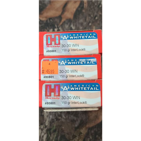 3 BOXES HORNADY AMERICAN WHITETAIL 30-3- WIN INTER-LOCK 150 GRAIN 20 ROUNDS PER BOX NO SHIPPING ON A