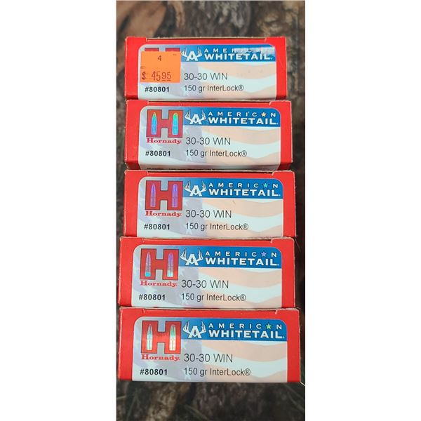 5 BOXES HORNADY AMERICAN WHITETAIL 30-3- WIN INTER-LOCK 150 GRAIN 20 ROUNDS PER BOX NO SHIPPING ON A