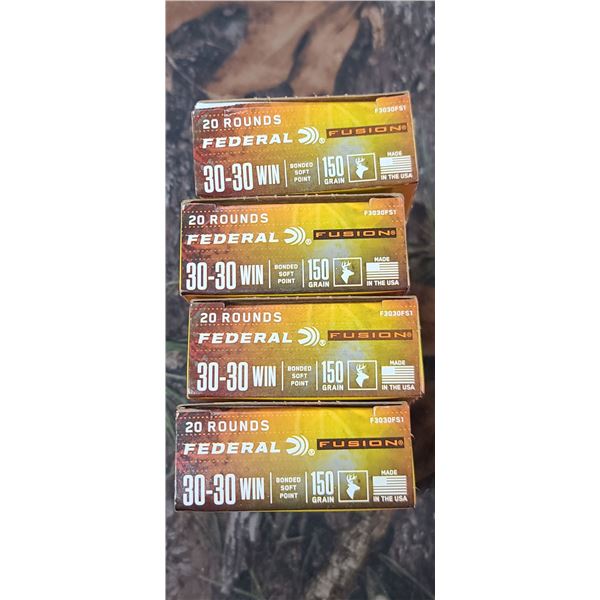 4 BOXES 30-30 WIN FEDERAL FUSION BONDED SOFT POINT 150 GRAIN 20 ROUNDS PER BOX NO SHIPPING ON AMMO