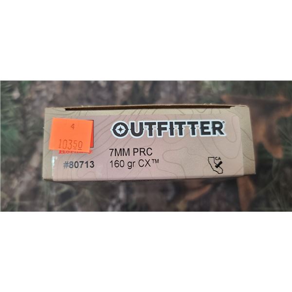 1 BOX HORNADY OUTFITTER CX 7MM PRC 160 GRAIN 20 ROUNDS PER BOX NO SHIPPING ON AMMUNTION