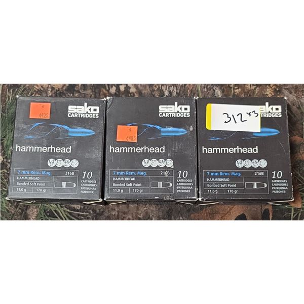3 BOXES SAKO CARTRIDGES HAMMERHEAD BONDED SOFT POINT 7MM REM MAG 11G 170 GRAIN 10 ROUNDS PER BOX NO