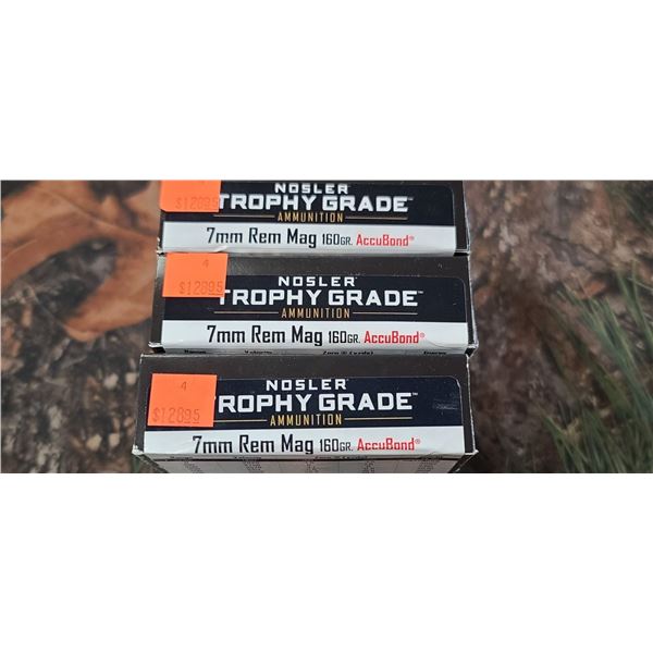 3 BOXES NOSLER TROPHY GRADE ACCU-BOND 7MM REM. MAG 160 GRAIN 20 ROUNDS PER BOX NO SHIPPING ON AMMUNT
