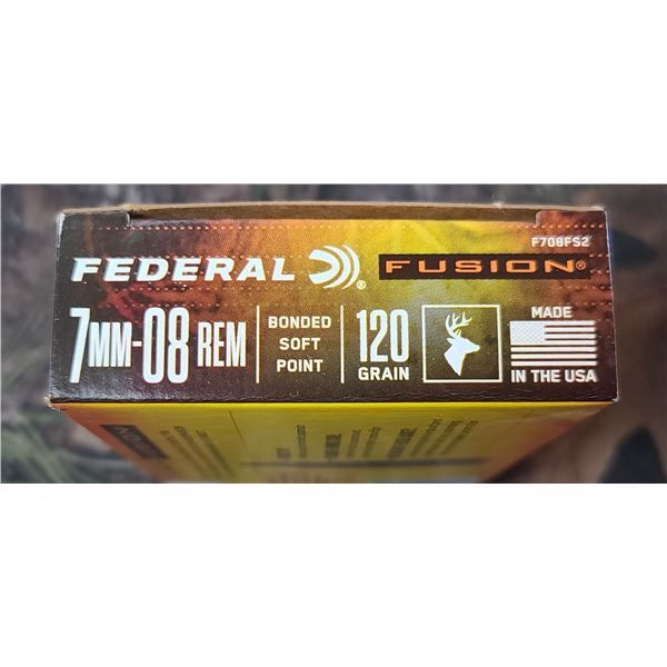 1 BOX FEDERAL FUSION BONDED SOFT POINT 7MM-08 REM. 120 GRAIN 20 ROUNDS PER BOX NO SHIPPING ON AMMO