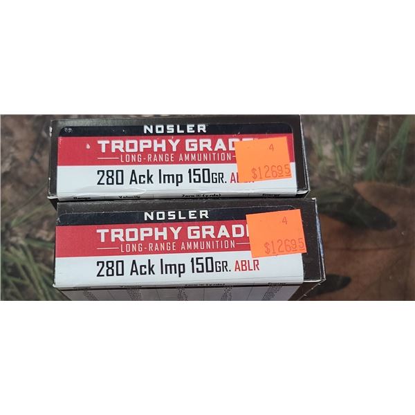 2 BOX NOSLER TROPHY GRADE LONG RANGEABLR 280 ACK-IMP 150 GRAIN 20 ROUNDS PER BOX NO SHIPPING ON AMMO