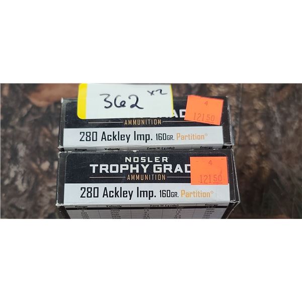 2 BOX NOSLER TROPHY GRADE PARTITION 280 ACK-IMP 160 GRAIN 20 ROUNDS PER BOX NO SHIPPING ON AMMO