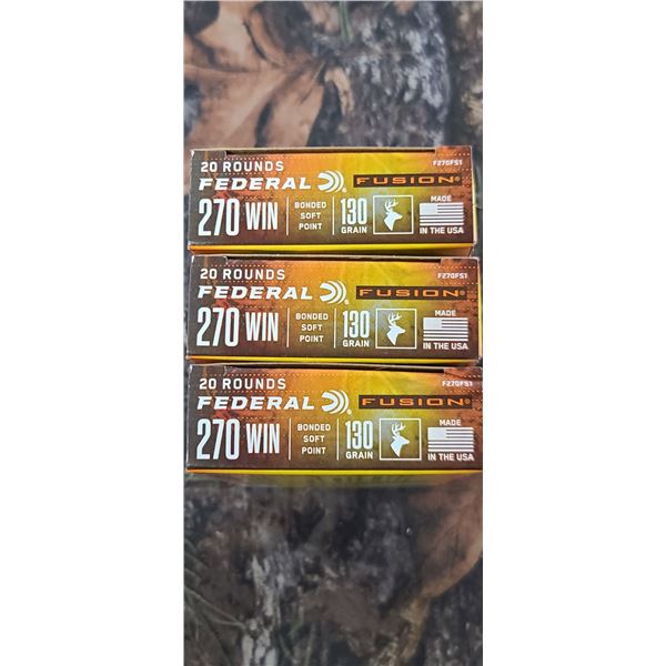 3 BOXES FEDERAL FUSION BONDED SOFT POINT 270 WIN 130 GRAIN 20 ROUNDS PER BOX NO SHIPPING ON AMMUNTIO