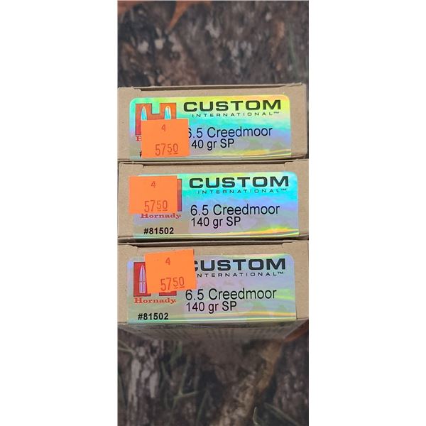 3 BOXES 6.5 CREEDMORE HORNADY CUSTOM INTERNATIONAL SP 40 GRAIN 20 ROUNDS PER BOX NO SHIPPING ON AMMO