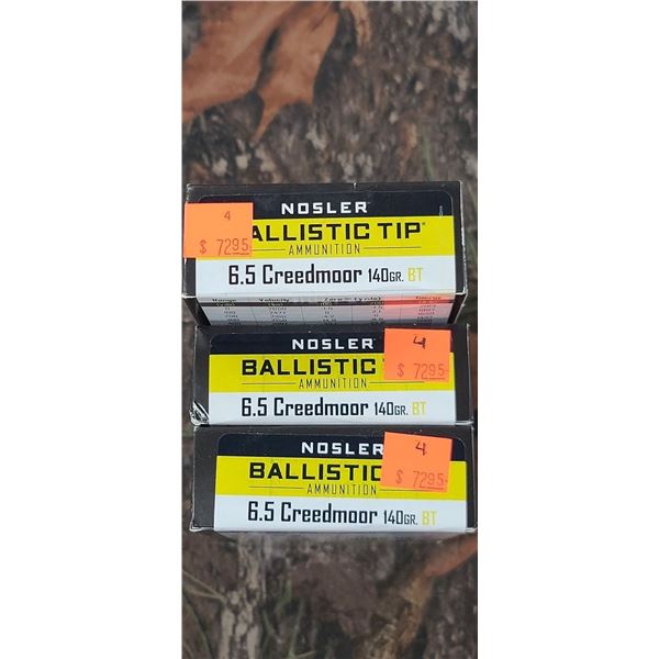 3 BOXES 6.5 CREEDMORE NOSLER BALLISTIC 140 GRAIN 20 ROUNDS PER BOX NO SHIPPING ON AMMO