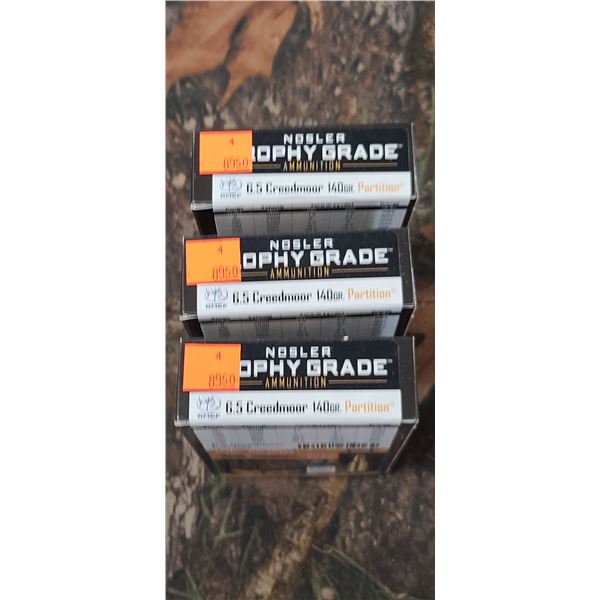 3 BOXES 6.5 CREEDMORE NOSLER NOSLER TROPHY GRADE PARTITION 140 GRAIN 20 ROUNDS PER BOX NO SHIPPING O