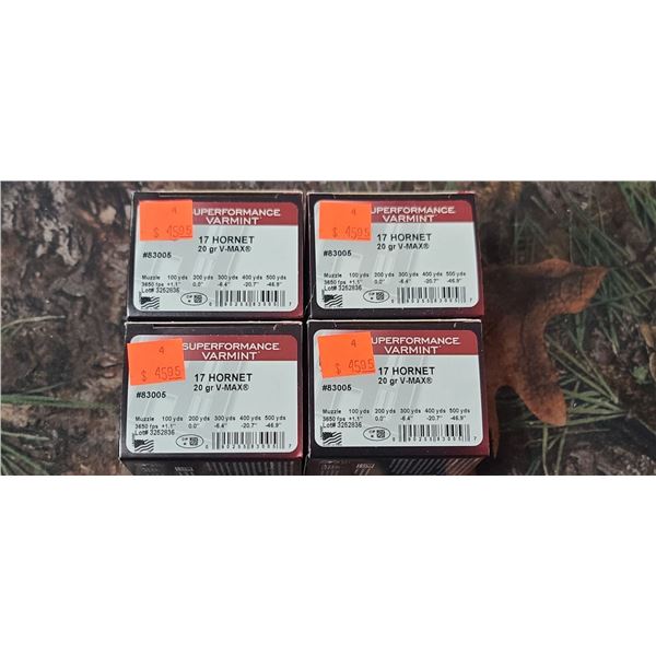 4 BOXES 17 HORNET HORNADY SUPERFORMANCE VARMINT V-MAX, 20 GRAIN 25 ROUNDS PER BOX NO SHIPPING ON AMM