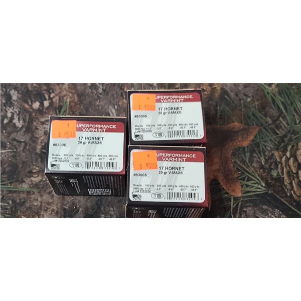 3 BOXES 17 HORNET HORNADY SUPERFORMANCE VARMINT V-MAX, 20 GRAIN 25 ROUNDS PER BOX NO SHIPPING ON AMM