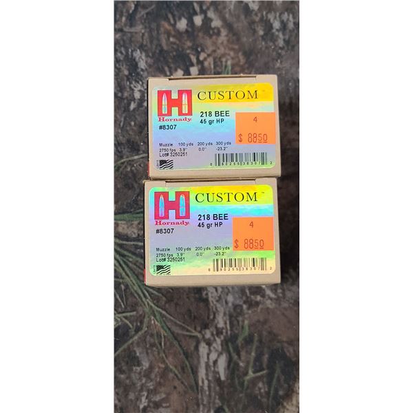 2 BOXES 218 BEE, HORNADY CUSTOM HP 45 GRAIN 25 ROUNDS PER BOX NO SHIPPING ON AMMO