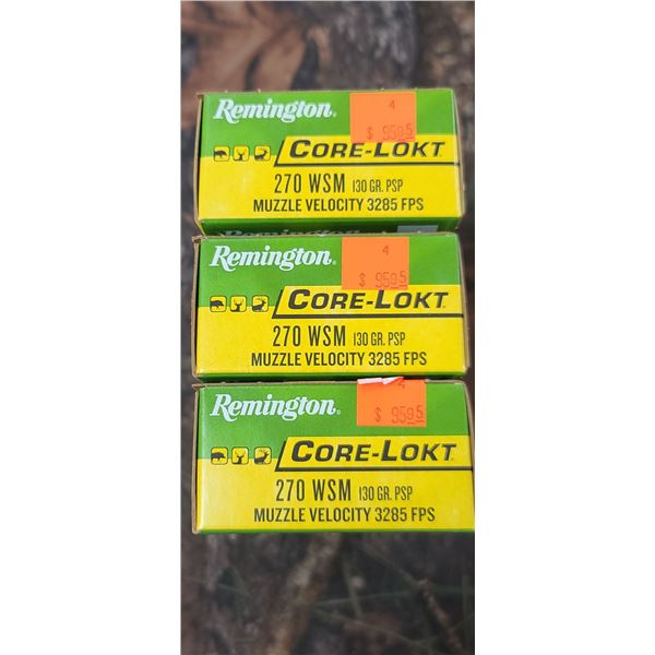 3 BOXES 270 REMINGTON COR-LOKT PSP 130 GRAIN 20 ROUNDS PER BOX 3285FPS NO SHIPPING ON AMMUNTION