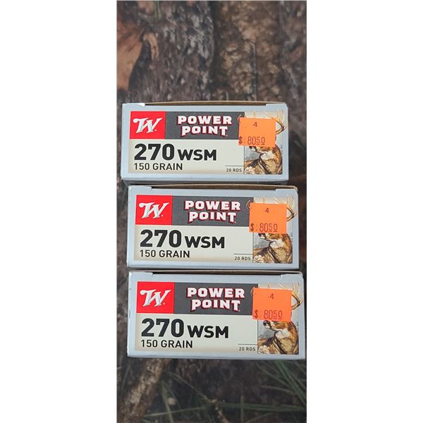 3 BOXES 270 WSM WINCHESTER POWER POINT 150 GRAIN 20 ROUNDS PER BOX NO SHIPPING ON AMMUNTION