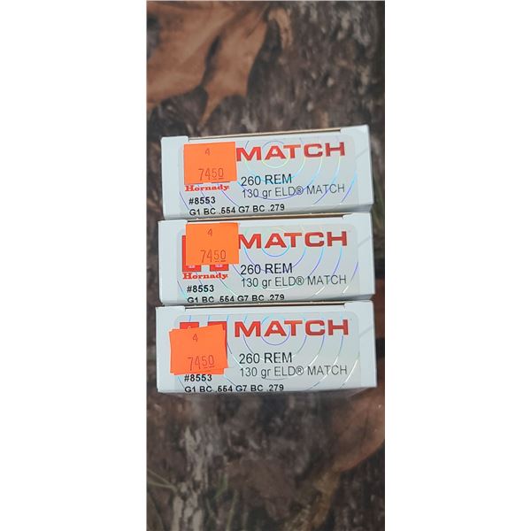 3 BOXES 260 REM. HORNADY ELD MATCH 130 GRAIN 20 ROUNDS PER BOX NO SHIPPING ON AMMUNTION
