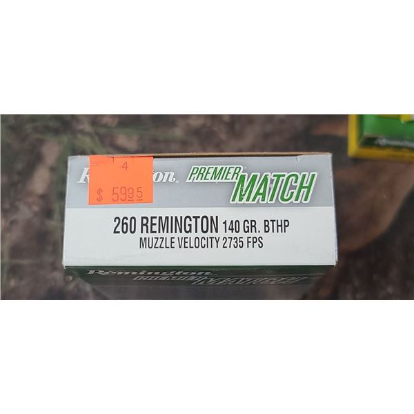 1 BOX 260 REMINGTON , PREMIER MATCH BTHP 140 GRAIN 20 ROUNDS PER BOX NO SHIPPING ON AMMUNTION