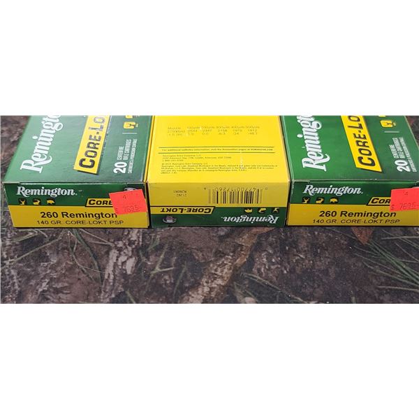 3 BOXES 260 REMINGTON , CORE LOCKT PSP 140 GRAIN 20 ROUNDS PER BOX NO SHIPPING ON AMMUNTION