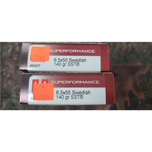 2 BOXES 6.5 x 55 SWEDISH, HORNADY, SUPERFORMANCE SST 140 GRAIN 20 ROUNDS PER BOX NO SHIPPING ON AMMU