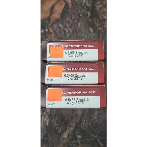 3 BOXES 6.5 x 55 SWEDISH, HORNADY, SUPERFORMANCE SST 140 GRAIN 20 ROUNDS PER BOX NO SHIPPING ON AMMU